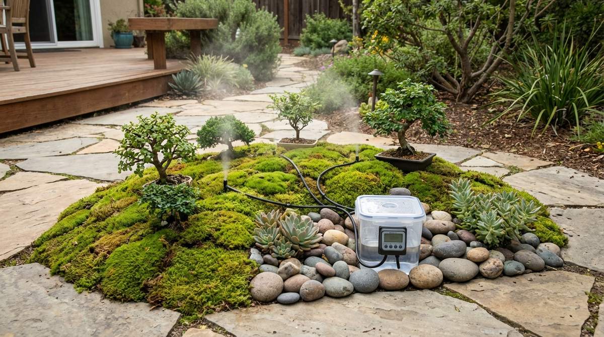 A micro-humidifier system designed for miniature zen gardens, maintaining optimal moisture levels for living plants like moss and succulents, with automated controls and a weekly refill reservoir to ensure healthy growth without overwatering.