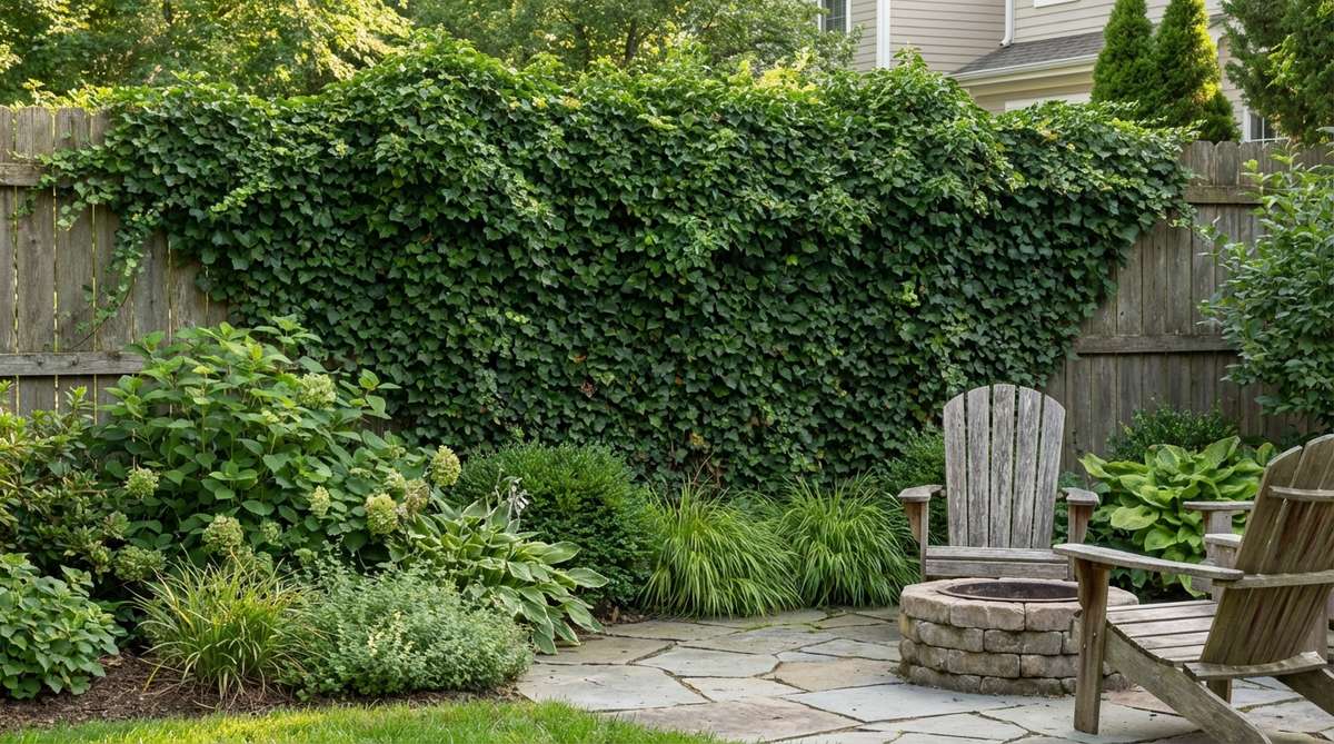 A lush ivy-covered fence providing evergreen privacy screening in a cozy garden setting, with dense green foliage softening the fence structure.