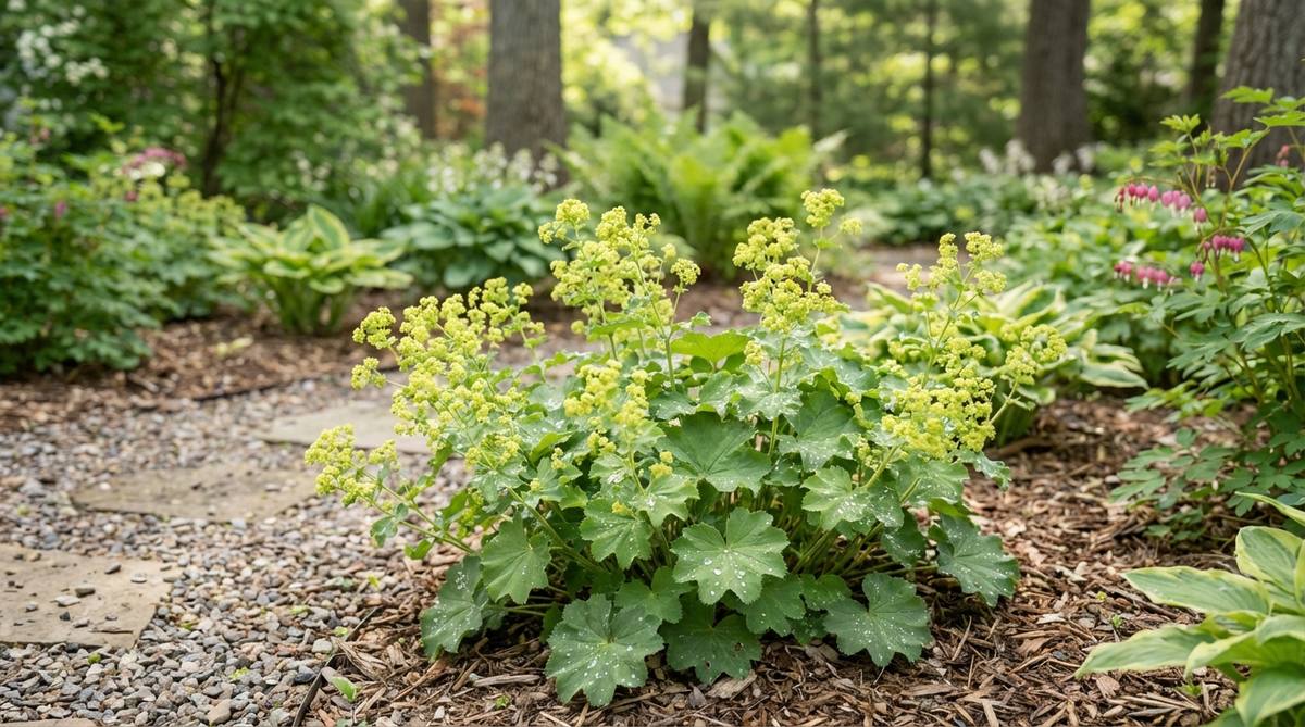 A close-up image of Lady's Mantle (Alchemilla mollis) in a small garden setting, showcasing its scalloped leaves holding water droplets and chartreuse flower clusters. The plant is shown thriving in partial shade, with lush green foliage and delicate blooms that reach 12-18 inches in height, illustrating its role as a self-seeding, low-maintenance flower ideal for filling spaces between other plants.