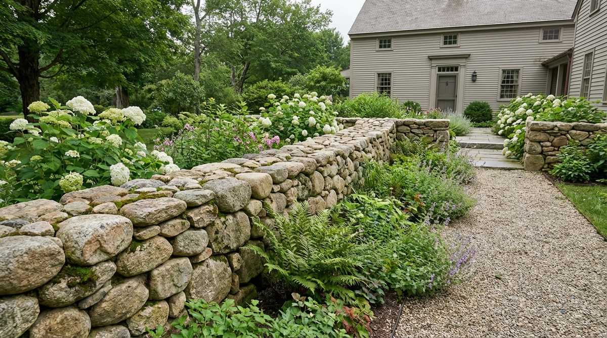 A traditional New England fieldstone wall built with rounded glacial stones, showcasing irregular natural forms and authentic craftsmanship in a garden or historic property setting.