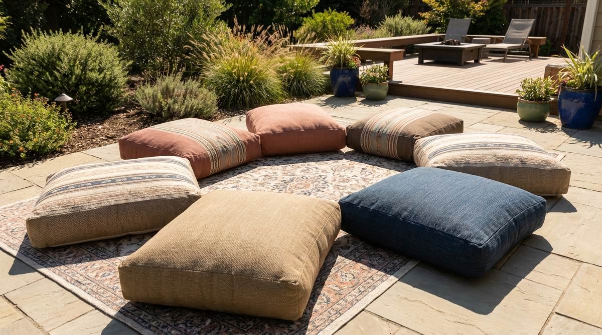 Large outdoor floor cushions in weather-resistant fabrics, arranged on patios or decks for casual, low seating. Features fade-resistant colors that coordinate with modern-boho tones, ideal for creating defined lounging areas on outdoor rugs.