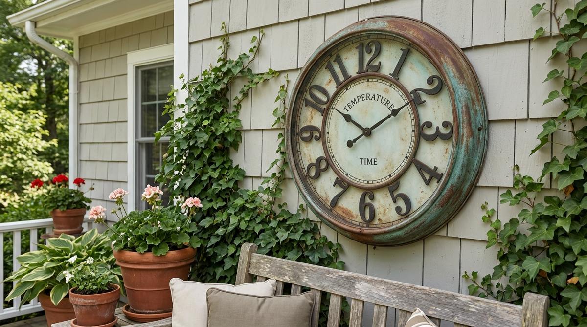 A decorative outdoor thermometer and clock mounted on a porch wall, featuring vintage character with rust finishes or verdigris patinas, designed to withstand weather extremes while adding practical functionality and aesthetic appeal to outdoor decor.