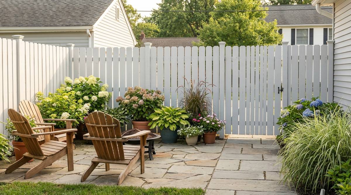 A freshly painted fence in a small backyard garden, showcasing light gray or soft white paint that brightens the space and creates a clean backdrop for surrounding plants, illustrating how this simple weekend project can visually expand and enhance outdoor areas.