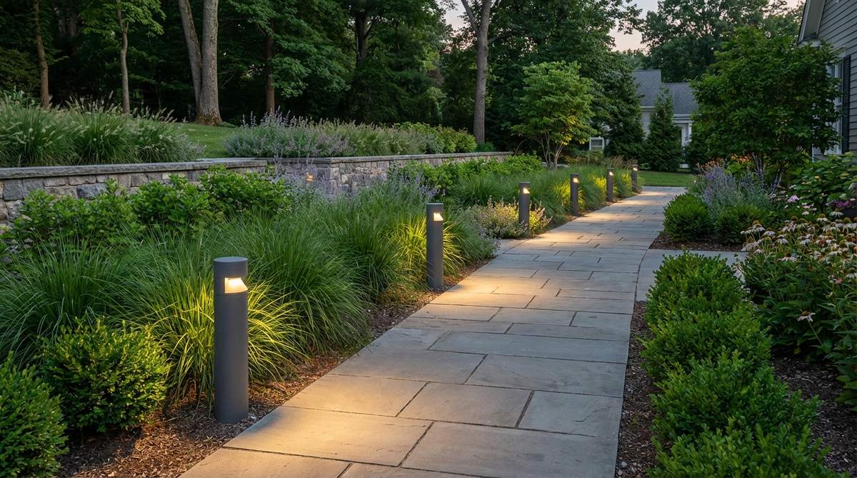 Low cylindrical bollard markers spaced at regular intervals along a garden path, providing downward-directed illumination. Modern powder-coated aluminum or stainless steel designs complement contemporary garden materials while reinforcing geometric design principles.
