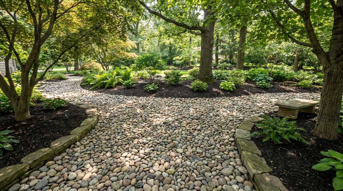 A smooth pebble ground cover installed beneath trees or in dry shade areas of a stone garden, with 1-3 inch diameter pebbles placed over landscape fabric to prevent mud and reflect light into dark corners.
