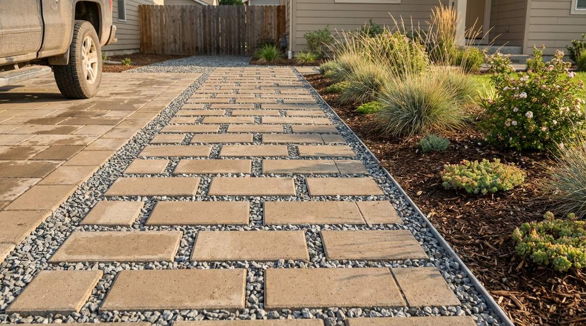 A close-up view of grid-pattern pavers spaced 2-3 inches apart with wide gravel joints filled with 3/4-inch crushed stone, demonstrating a semi-pervious surface suitable for occasional vehicle access while allowing water infiltration and maintaining landscape character.