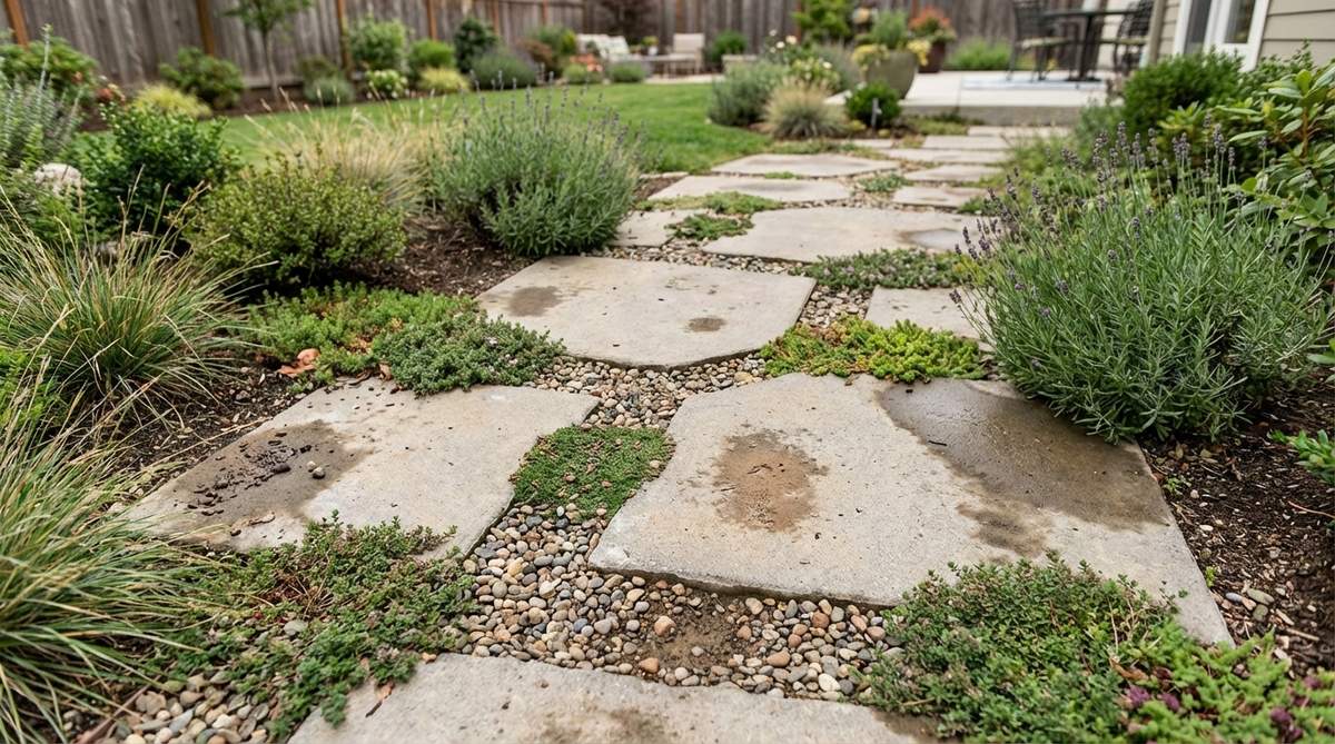 A close-up photo showing permeable pavers with wide joints filled with creeping groundcovers and fine gravel, demonstrating how this system allows water infiltration while handling foot traffic. The softened edges blend the hardscape with surrounding plantings, creating an aesthetically pleasing and environmentally friendly garden feature.