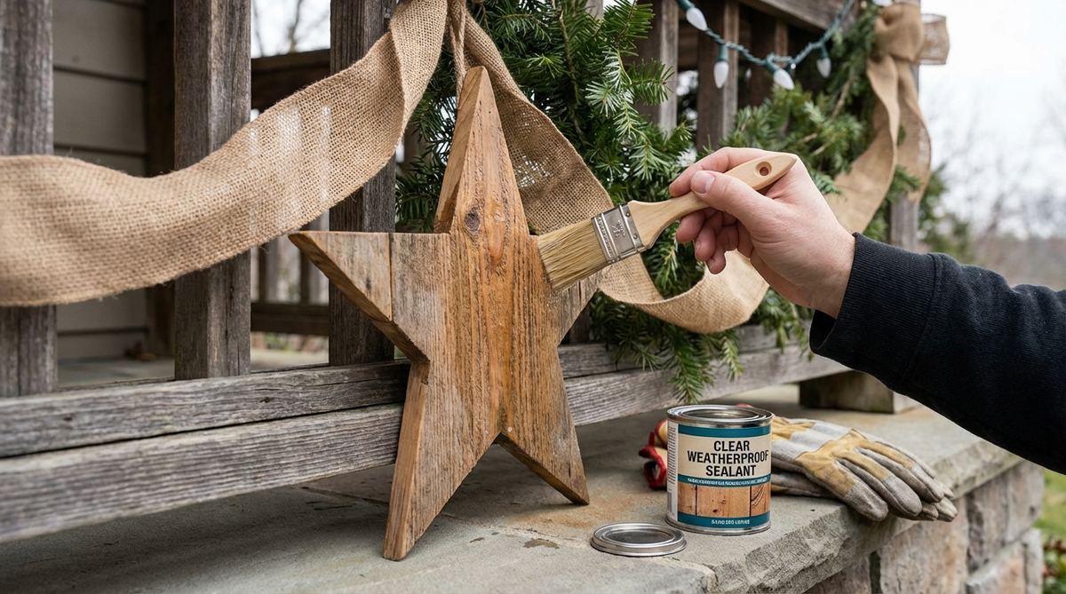 A close-up image showing the application of a clear weatherproof sealant on porous materials like wood, fabric, or paper used in balcony Christmas decorations, demonstrating thin, even coats for moisture protection and extended outdoor durability.