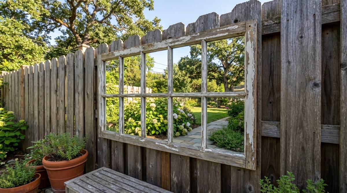A weathered reclaimed window frame mirror installed on a rustic garden fence, with mirror glass replacing original panes to reflect light and create visual depth. The aged wood frame adds vertical interest and architectural character to outdoor spaces.