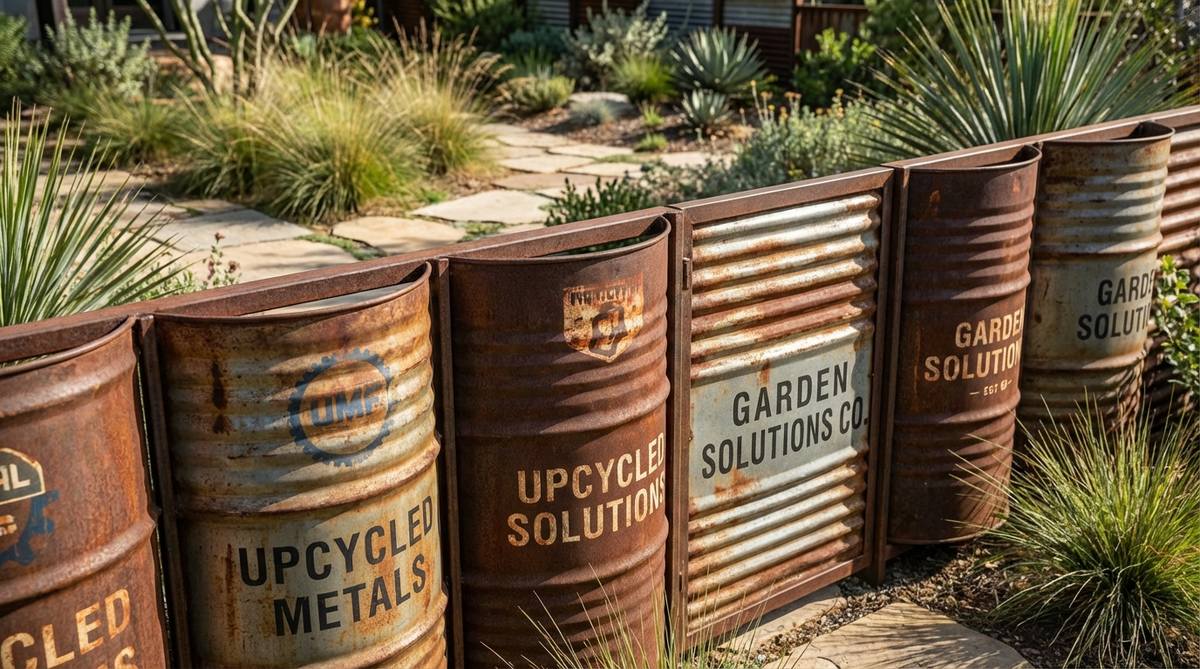 A close-up view of a small garden fence made from recycled metal drums, showcasing corrugated panels with authentic patinas and industrial graphics. This urban-chic installation serves as a practical boundary while adding artistic flair to contemporary gardens.