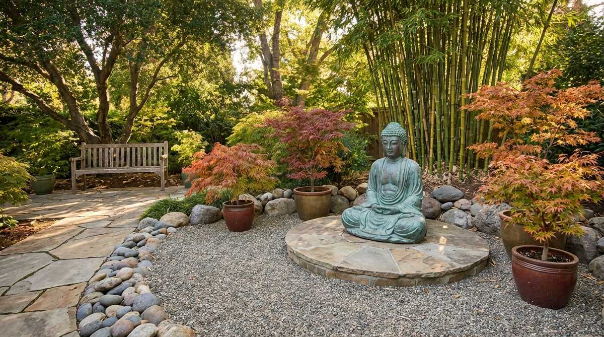 A resin Buddha statue in a traditional seated pose, featuring a faux stone finish in gray or verdigris, positioned on a low platform surrounded by gravel, bamboo, and Japanese maples in a meditation garden to enhance spiritual symbolism and create a serene, contemplative focal point.