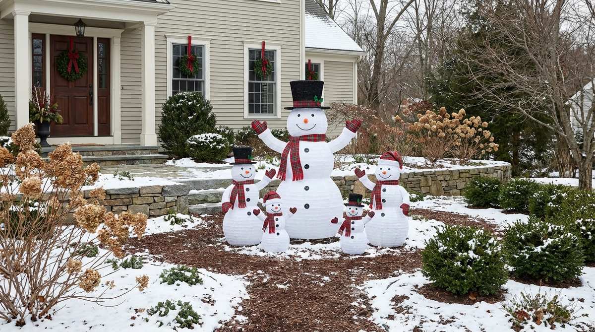 A festive garden scene featuring a family of pre-lit snowman figures in graduated sizes, with the largest snowman as the central focal point surrounded by smaller figures. The snowmen have coordinated scarf and hat colors that match house trim and door decorations, creating an integrated winter display. Some snowmen feature rotating heads and waving arms through motorized mechanisms, while others are traditional static versions for simplified installation.
