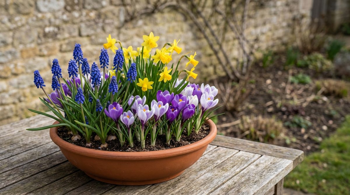 A shallow bowl filled with forced miniature bulbs including grape hyacinth, crocus, and small daffodils in full bloom. The dense planting creates a concentrated burst of spring color against a neutral background, demonstrating how to create indoor color when outdoor gardens are dormant. The image shows proper chilling treatment results with reliable blooming.