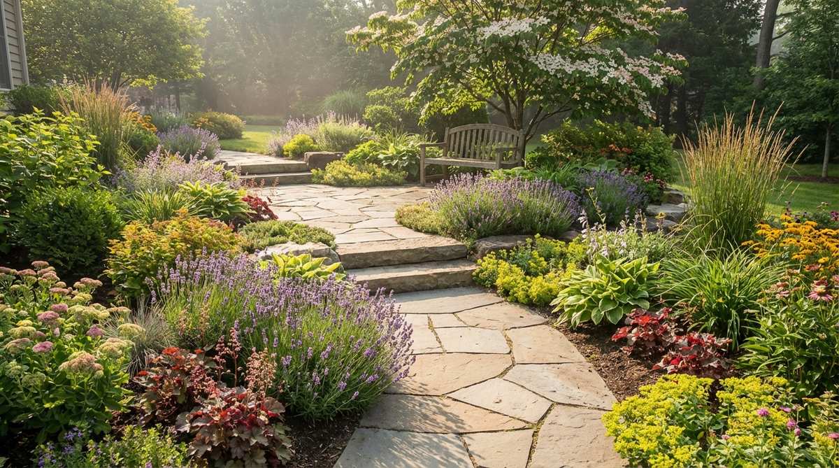 A stone garden path with integrated border gardens featuring layered plantings of groundcovers and perennials in 18-24 inch wide soil pockets, creating a cohesive design that frames the pathway with seasonal color and fragrance.