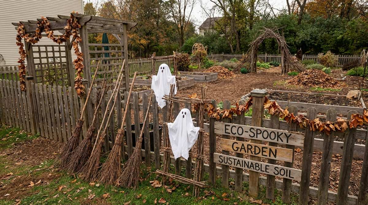 Eco-friendly Halloween decorations made from yard waste like branches, leaves, and twigs, including broomsticks, leaf garlands, and twig frames for ghosts and signs, promoting sustainability and soil health.