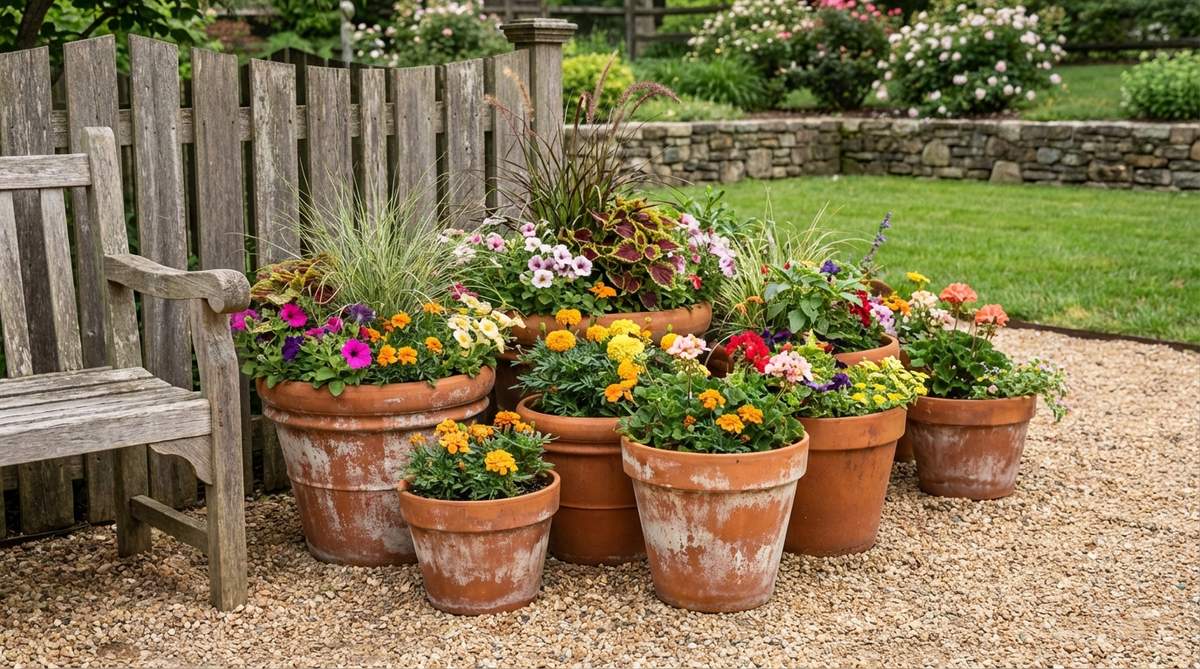 A collection of terra-cotta pots in varying sizes arranged in an informal cluster, showcasing seasonal annuals and tender perennials. The earthy orange tones of the clay pots complement colorful flowers while displaying natural white patina from mineral deposits. This flexible planting station exemplifies cottage garden design principles with its organic arrangement and easy plant rotation capabilities.