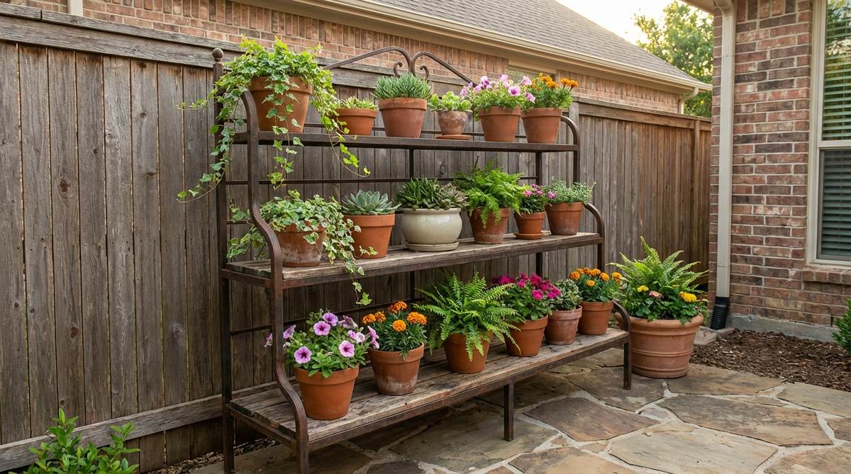 A tiered planter stand made of metal or wood, displaying multiple pots at varying heights to maximize space and create a vertical garden effect. Ideal for outdoor decorations, it can be rotated seasonally and placed near walls or fences to form a living art installation.