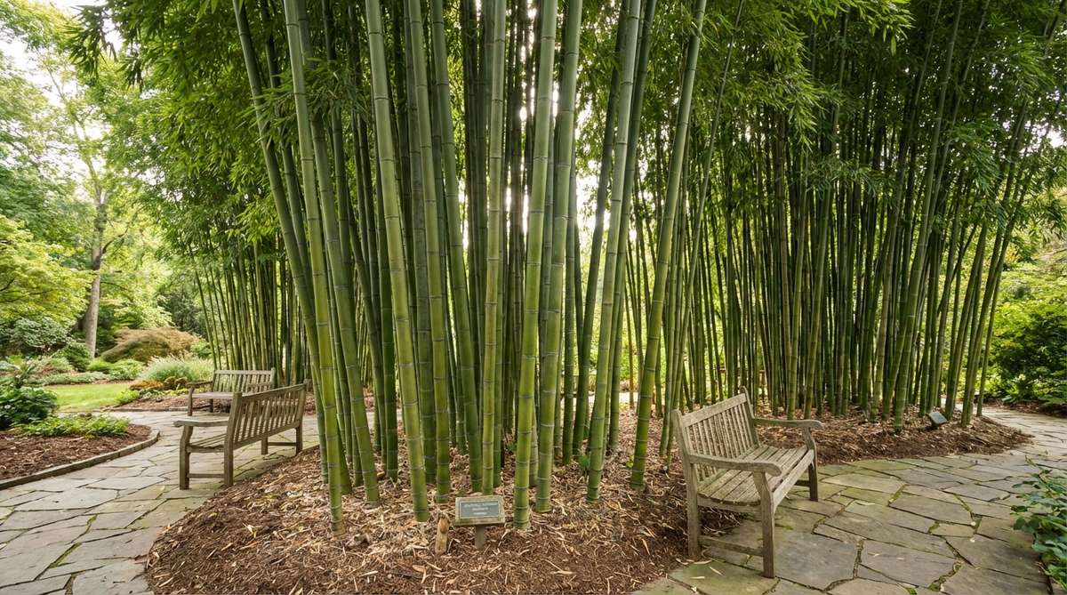 A tall, cold-hardy bamboo species, Phyllostachys bambusoides, reaching 40-70 feet in height with thick culms used for construction and crafts. It forms impressive groves, providing light filtering, dense screening, and wind protection in Japanese gardens. Requires root barriers, regular thinning, full sun, and moist soil in zones 7-10.