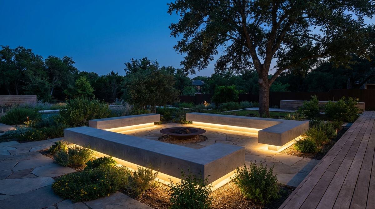 A modern garden design featuring uplighting beneath concrete benches, creating a floating illusion at night with upward glow that defines seating areas without harsh brightness, ideal for ambiance adjustment with dimming capabilities.