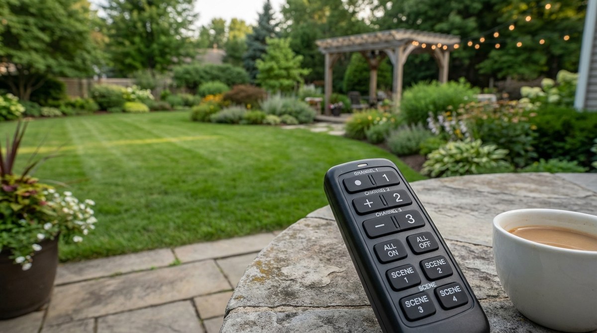 A handheld wireless remote control with multi-channel operation for outdoor decor lights, featuring 200-foot range, programmable scenes, and battery backup for convenient control from interior spaces without smartphone dependency.