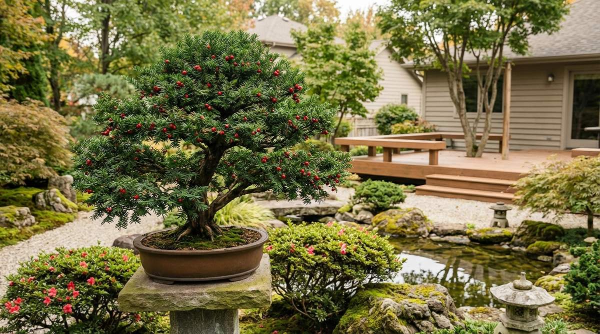 A formal Japanese garden bonsai featuring a Yew (Taxus species) with dark green needles arranged in flat sprays. Female plants display red berries for autumn color, while males aid in pollination. This species reliably back-buds on old wood, enabling restructuring of overgrown specimens. Note: Toxic foliage requires careful handling and disposal.