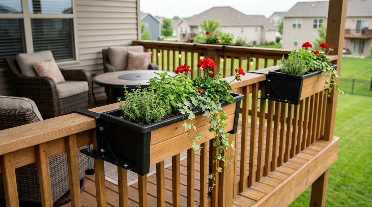 An image showing adjustable hook planters with L-shaped brackets and tension screws, designed to hang garden boxes on balcony railings without drilling. Features include weather-resistant coating and even weight distribution for rental-friendly use.