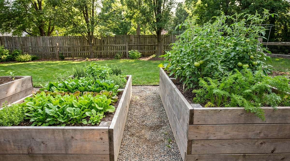 A garden design featuring two adjacent raised beds with different heights: one at 12 inches for shallow-rooted plants like lettuce and spinach, and another at 24 inches for deep-rooted vegetables such as tomatoes and carrots, showcasing visual interest and ergonomic benefits for gardeners.