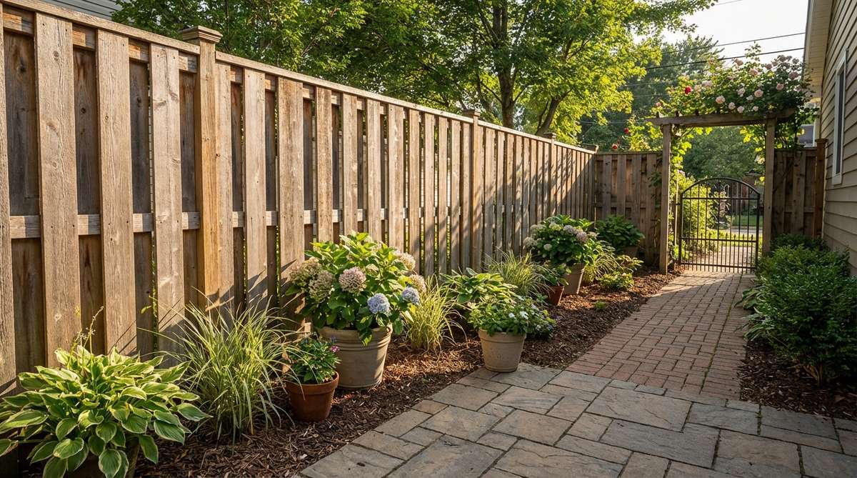 A small garden fence featuring alternating width wood boards, with three-inch and six-inch planks creating visual rhythm and dynamic shadow patterns in a confined outdoor space.