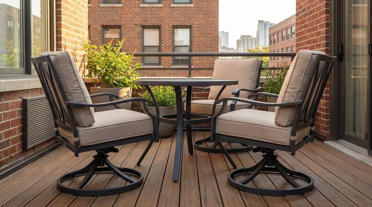 A modern aluminum swivel bistro set with powder-coated frames, thick cushions, and UV-resistant fabric, ideal for urban balconies. Features lightweight construction, ergonomic swivel bases, and durable materials for outdoor dining comfort.