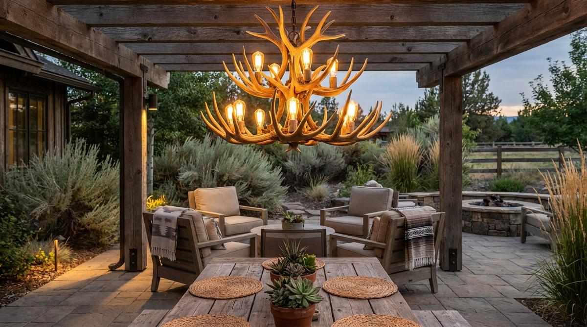 A rustic antler chandelier featuring Edison bulbs, perfect for western boho decor, providing warm amber lighting to enhance ambiance with a dramatic western presence.