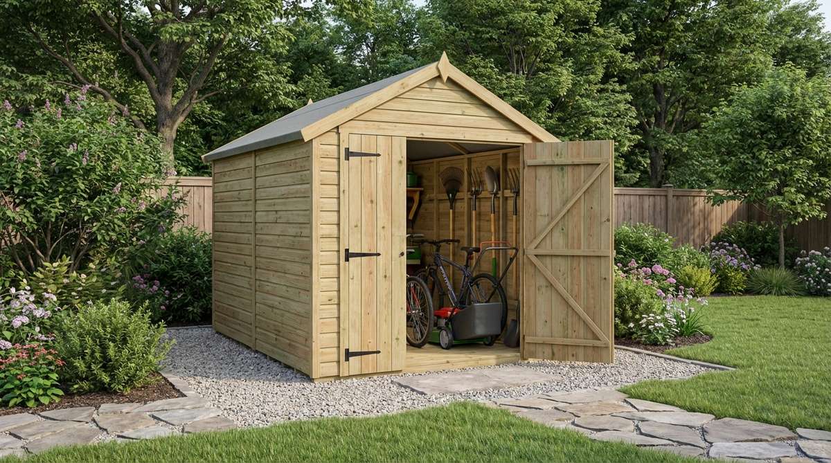 A small 6x4 foot garden shed with a traditional apex roof design, featuring pressure-treated timber construction, double doors on the narrow end, and practical storage for bicycles, lawn mowers, and tools.