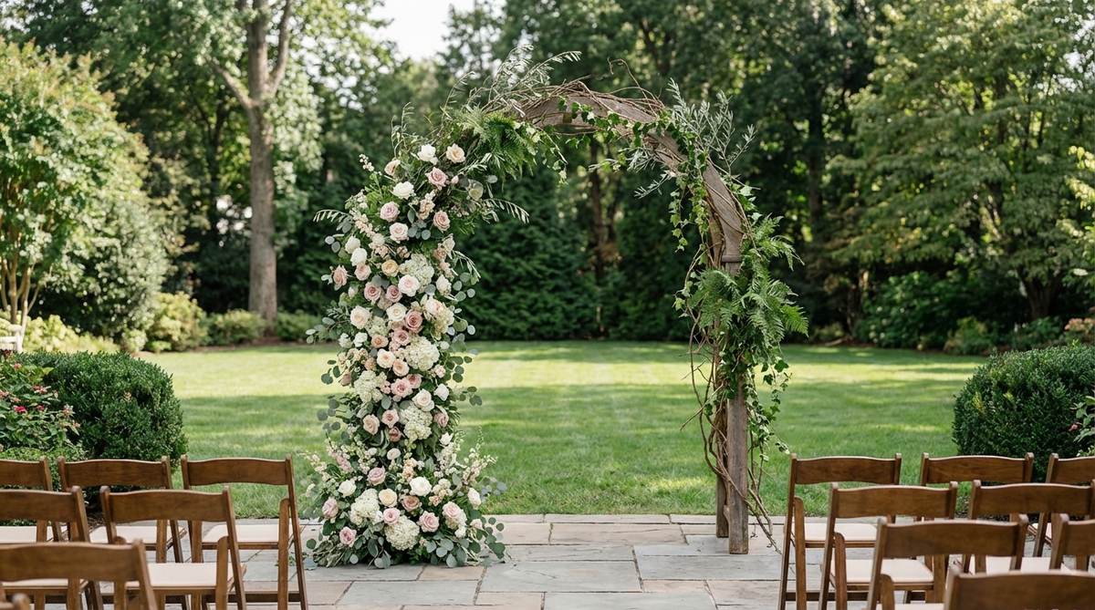 An asymmetrical demi arch wedding installation featuring clustered blooms at the base that transition to sparse greenery at the peak, creating dynamic diagonal lines in an outdoor ceremony space.