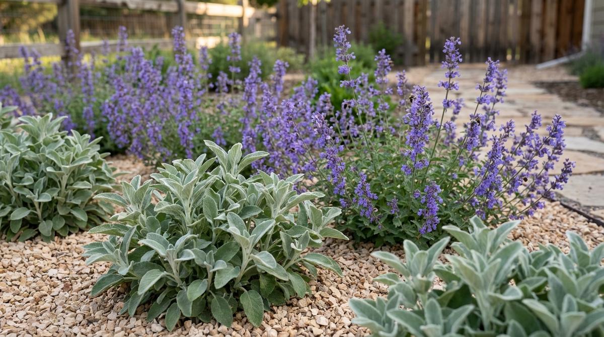 A close-up view of a gravel garden bed featuring Ballota pseudodictamnus with its woolly gray-green leaves in the foreground, paired with Nepeta × faassenii displaying violet-blue flower spikes in the background, showcasing their heat-tolerant and low-maintenance qualities.