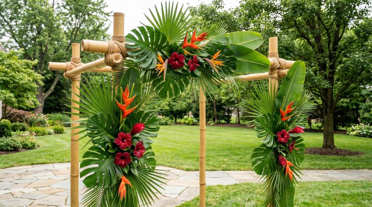 A natural bamboo arch decorated with monstera leaves, palm fronds, and banana leaf accents for a tropical garden wedding. The structure is lashed together with natural fiber rope and accented with bold-colored blooms like bird of paradise or hibiscus, creating an island-inspired atmosphere perfect for summer garden celebrations.