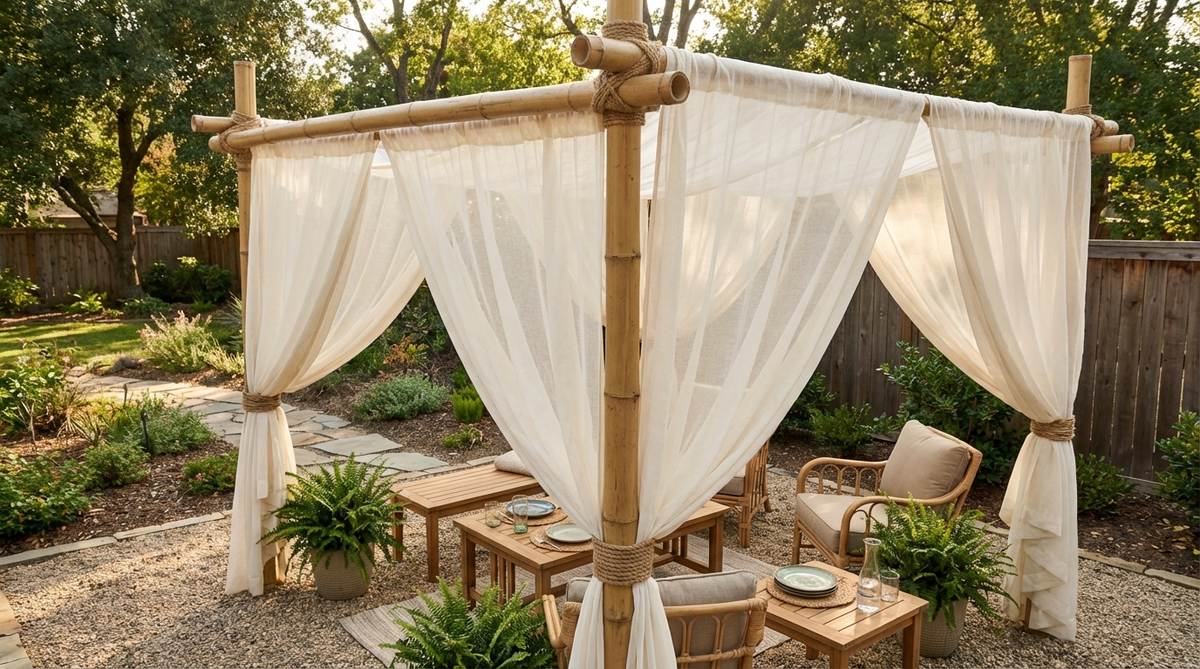 A freestanding bamboo frame draped with sheer fabric creates a distinct zone for food stations or conversation nooks at a boho party. The organic bamboo poles are lashed together with natural fiber rope, enhancing the natural material emphasis of the boho setup.