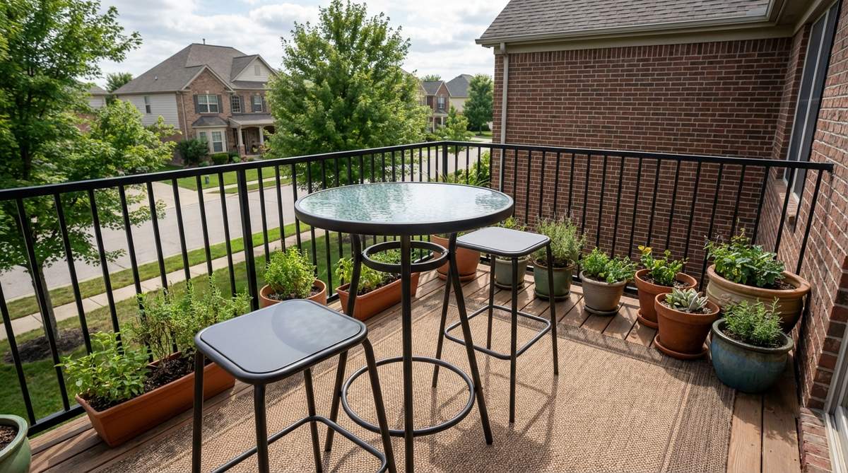 A bar-height bistro set designed for balconies, featuring slim stools with footrests and a compact table up to 24 inches wide, made from metal or tempered glass to enhance light reflection and maintain an airy feel in small spaces.