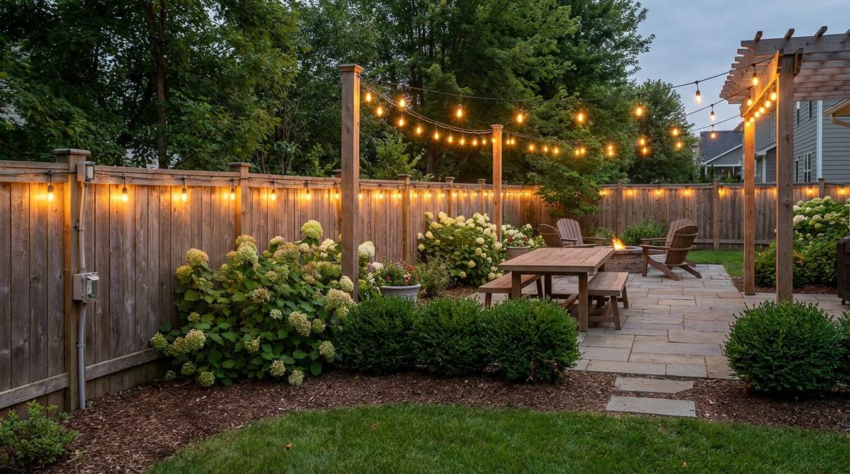 Professional installation of commercial-grade bistro lights creating a perimeter border along fence lines for outdoor party decor. Shows weatherproof outdoor outlets, cable clips for clean installation, and bright task lighting framing an entertaining space for evening gatherings.