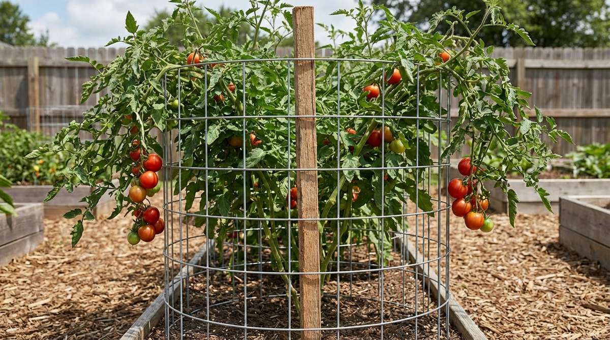A cylindrical wire cage with 6-inch openings supporting indeterminate tomato plants, showing how branches drape over the perimeter and fruits hang outside for easy harvesting. The cage includes a central stake for main stem support, improving airflow and reducing fungal diseases.