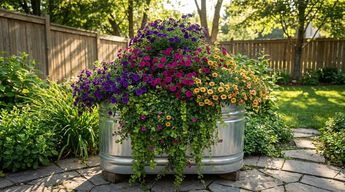 A vibrant display of Calibrachoa, also known as million bells, spilling from an elevated galvanized tub, showcasing miniature petunia-like blooms in complementary colors arranged in a triangle style for balanced coverage, with lush trailing foliage covering the container exterior by midsummer.