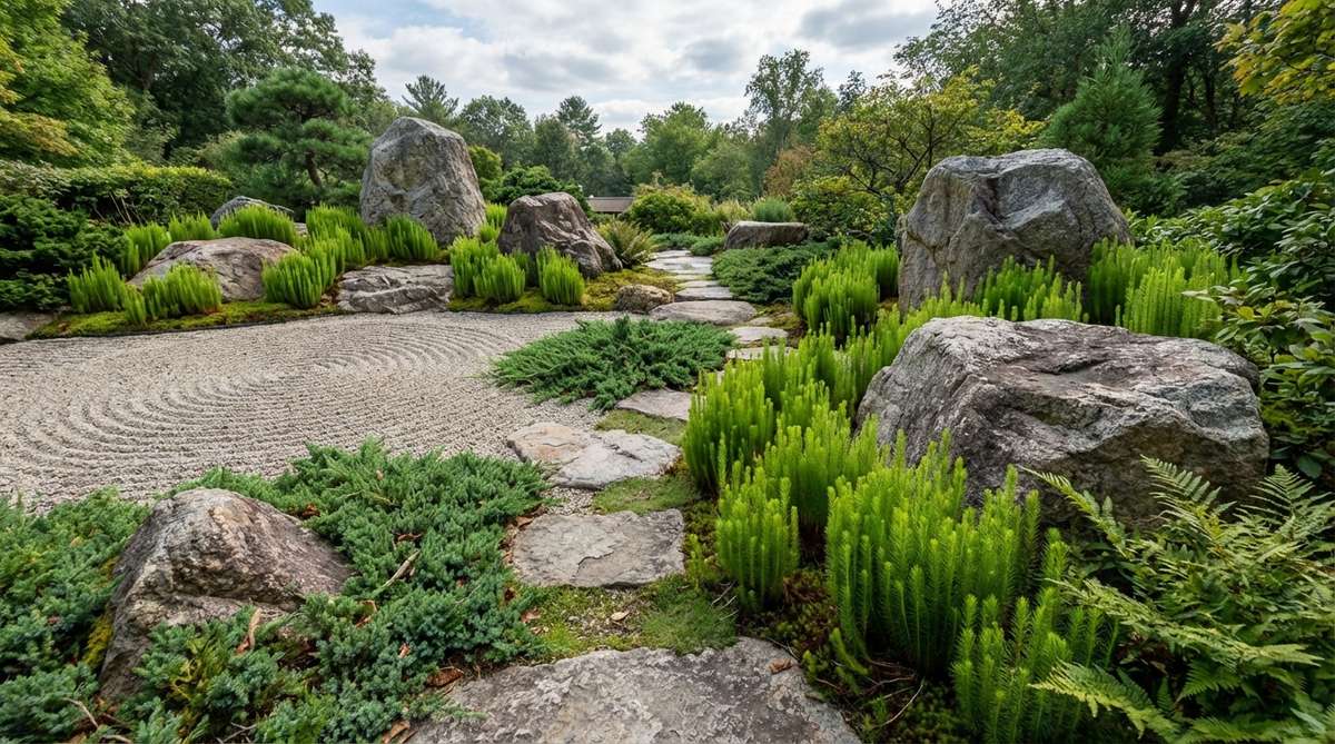 Bright green tufts of Campylopus Japonicus moss, also known as Yamato-fude-goke, creating vertical accents in a Japanese garden. The upright growth resembles miniature paintbrushes, adding architectural form around boulders or beside sand gardens.