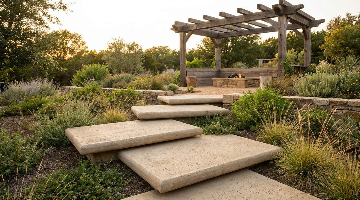 Floating concrete treads with rounded edges and sandblasted texture, showcasing structural honesty and architectural drama in a mid-century modern garden setting.