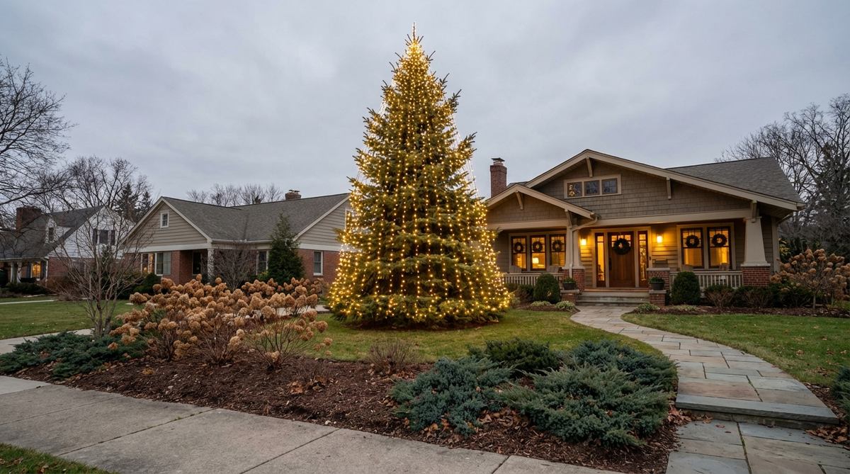 Outdoor Christmas tree wrapped with cascading lights from trunk to branch tips, creating a three-dimensional illumination effect that adds depth to landscape design when viewed from the street.