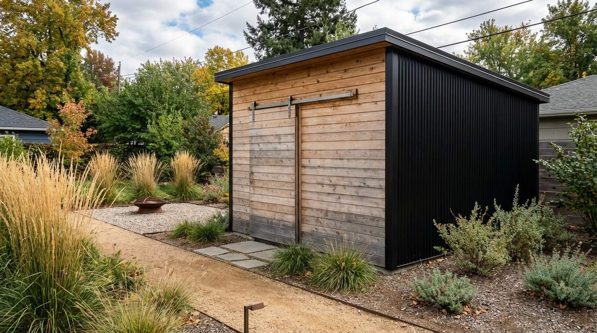A contemporary garden shed featuring a cedar and steel hybrid design, with tight-knot cedar on the front elevation and jet-black corrugated steel on the sides and back. The combination reduces maintenance, with cedar resisting rot and insects naturally, aging to a silver-gray patina, and steel requiring minimal upkeep. Contrasting textures of smooth cedar and ribbed steel add dimensional interest, making it visually appealing and photogenic across all seasons.