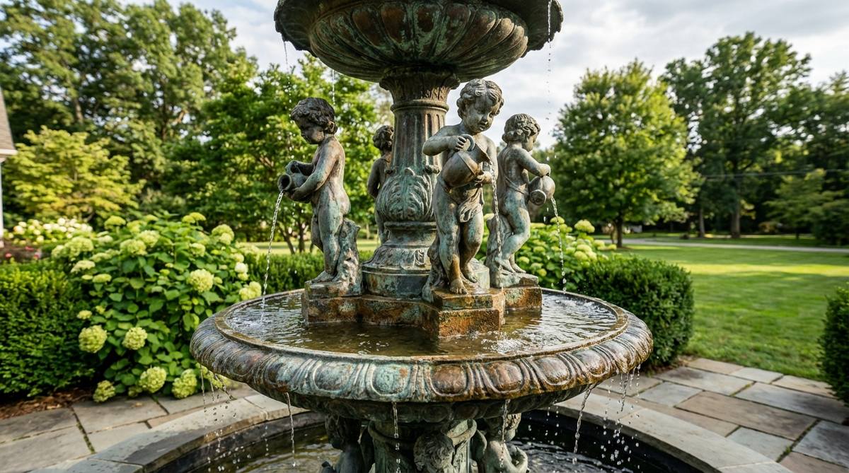A detailed image of cherub fountain toppers, featuring small angel figures with intricate carving on wings and robes, perched atop a tiered fountain. The scene highlights the water element for visual and auditory impact, with bronze patina development over seasons, ideal for garden decor installations.