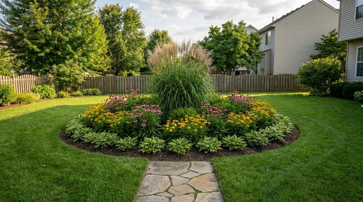 A circular garden bed measuring 6-8 feet in diameter, featuring a tall centerpiece plant surrounded by concentric rings of progressively shorter plants. This efficient design eliminates corner dead zones and provides equal access from all sides, making it ideal as a focal point in lawn areas or at the end of garden paths.