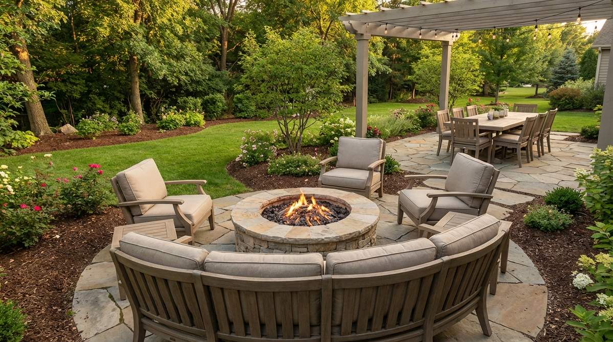 A circular fire pit serves as the central anchor point, with dining and lounge furniture arranged in radial positions around it. The dining table is positioned 10-12 feet away to avoid smoke, while lounge seating is placed 6-8 feet away for optimal warmth. This configuration visually connects both zones while allowing independent functionality.