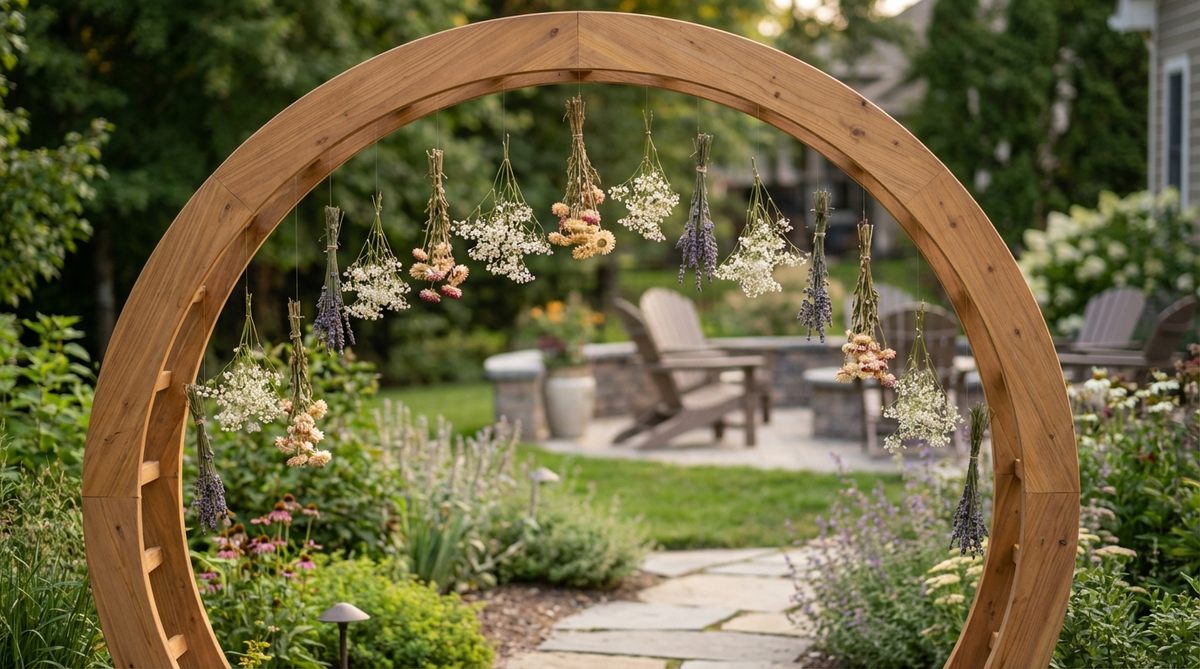A circular moongate arch decorated with suspended wildflowers, symbolizing unity and creating a stunning photographic frame for boho weddings. Features floating bundles of wildflowers like strawflowers, baby's breath, and lavender at varying heights, gently moving in the breeze.
