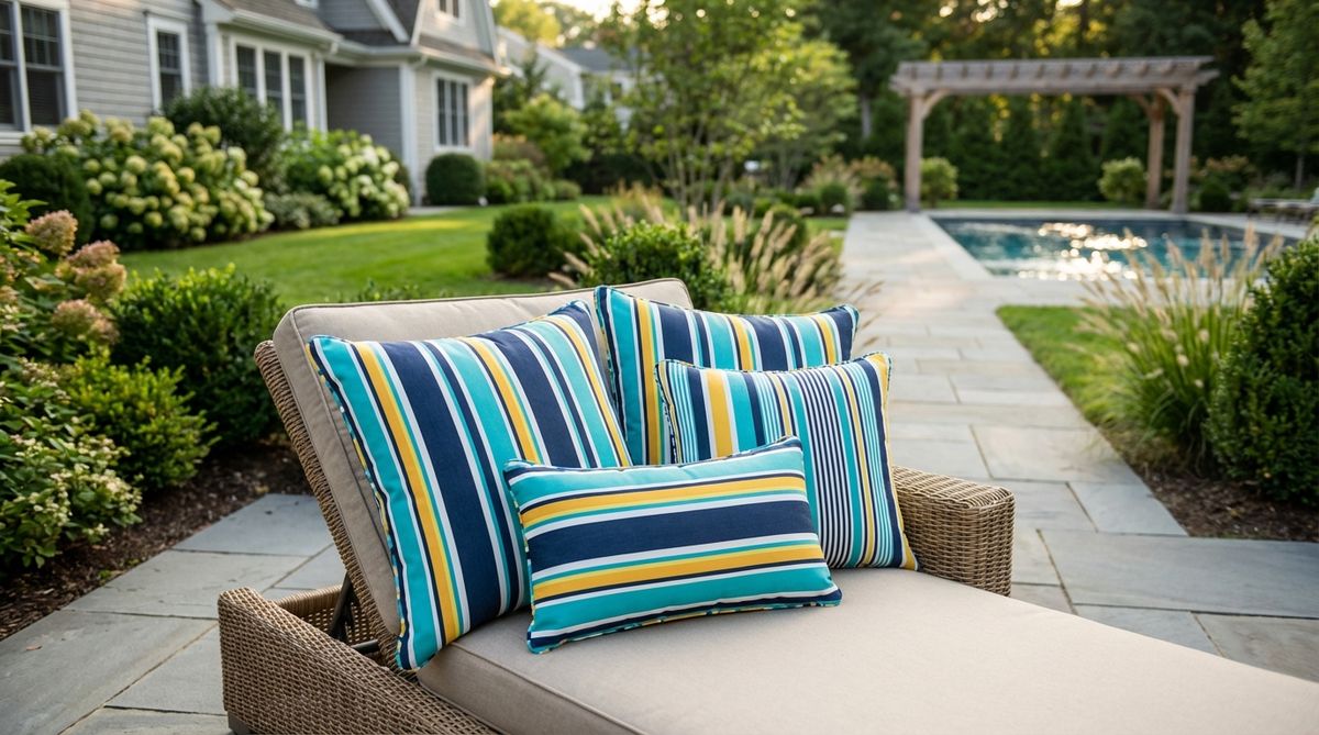 A decorative outdoor pillow featuring bold, wide alternating stripes in vibrant colors, inspired by poolside resort style. The vertical stripes elongate square pillows, while horizontal stripes widen lumbar shapes. Made with Sunbrella-grade fabric that maintains color saturation in direct sunlight, ideal for mixing stripe widths like 3-inch bands with pinstripes for visual interest without pattern clash.
