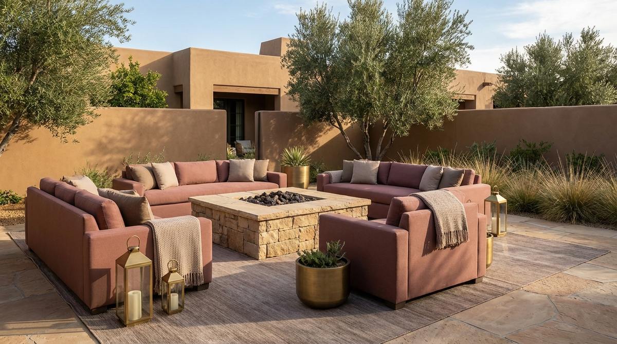 A sophisticated earthy decor palette featuring muted clay walls, dusty rose upholstery, and soft taupe rugs, accented with brass hardware for a warm, feminine touch in home offices or reading nooks.