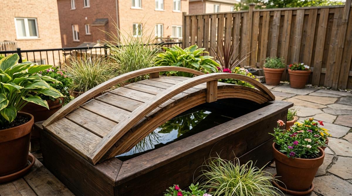 A miniature arched bridge designed for container ponds and raised water gardens, measuring 24-30 inches in length. Perfect for urban balconies and patio water features, this compact bridge features a proportional arch and uses 1x4 decking with pre-bent laminated strips for construction.